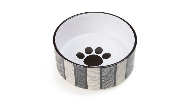 Stylish gray and black pinstripe dog bowl, 15cm, 3.5 cups capacity, safe and dishwasher/microwave friendly.