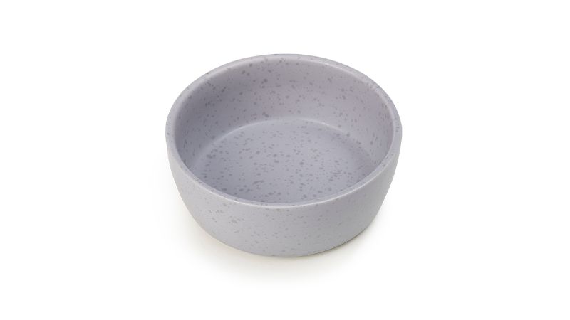 Gray speckled stoneware dog bowl (12cm) with 2-cup capacity, stylish and durable for mealtime convenience.