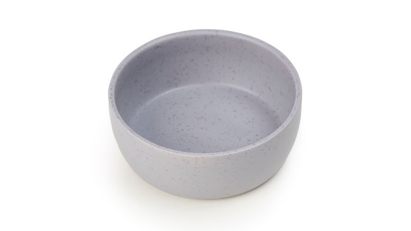 Gray speckled 15cm stoneware dog bowl, hand-crafted, holds 3.5 cups, dishwasher and microwave safe, stylish and durable.