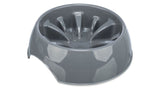 Plastic slow feed dog bowl (800ml) with non-slip base, promotes healthy eating and prevents gulping for better digestion.