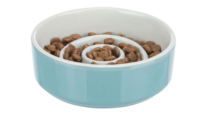 Ceramic slow feed dog bowl (900ml) with non-slip base, promotes healthy eating and prevents gulping.