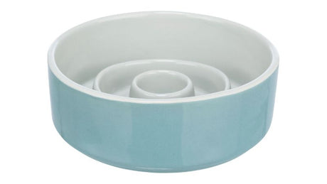 Ceramic slow-feed dog bowl (900ml) with non-slip base for healthier eating, dishwasher safe and durable design.