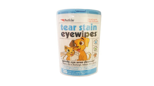 Pet Eye Wipes by Petkin in a 30-pack, designed to cleanse eyes, remove stains, and soothe irritation with natural aloe.