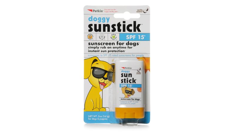 Doggy Sunstick by Petkin, a non-greasy sunscreen with SPF 15, protects your dog from UV rays in a coconut vanilla scent.