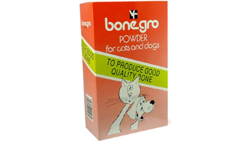 Vet Remedies Bone Gro Powder (250g) for dogs and cats, promotes healthy bone growth with calcium, includes measuring scoop.