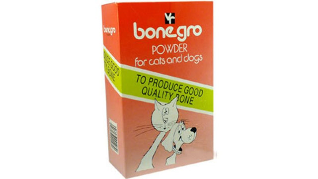 Vet Remedies Bone Gro Powder (250g) for dogs and cats, promotes healthy bone growth with calcium, includes measuring scoop.