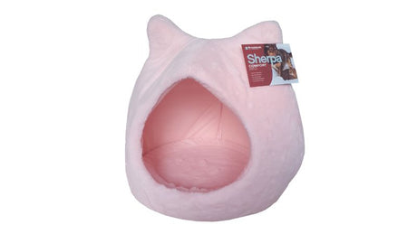 Cozy pink dog bed and cat cave made of soft faux rabbit fur, ideal for small pets to snuggle and rest comfortably.