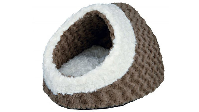 Cozy taupe cat cave with non-slip base, machine washable for easy cleaning, perfect for feline relaxation and security.