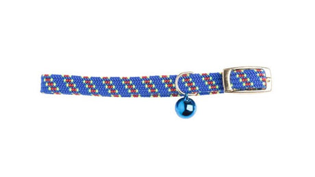 Blue nylon cat safety collar with a dotted pattern, featuring an elasticized design and a matching bell for cat safety.