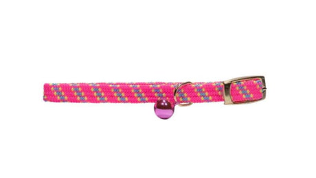 Pink nylon cat safety collar with dotted pattern, adjustable and elasticized for secure comfort, features a matching bell.