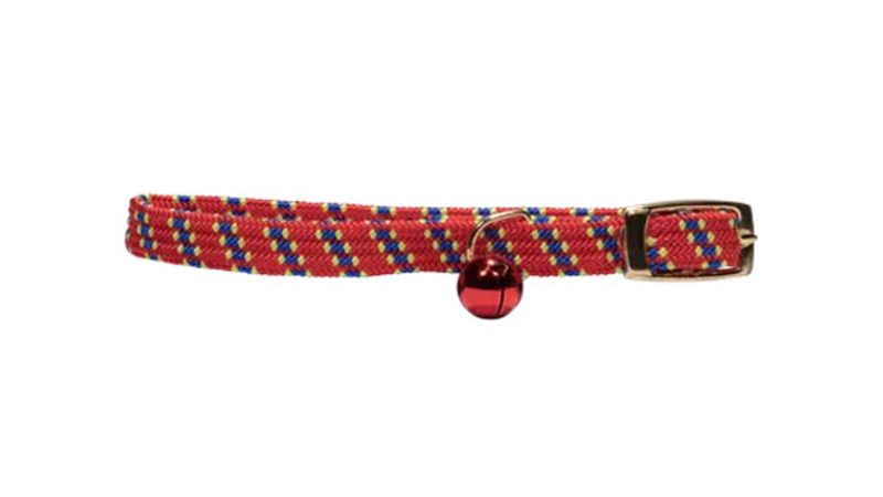 Red nylon dotted cat safety collar with elastic, adjustable fit, and anodized bell for style and quick escapes.