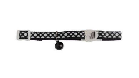 Black cat collar with reflective sparkle dots, adjustable fit, bell, and Break-Away safety clip for secure outdoor adventures.