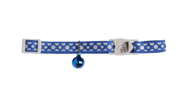 Blue cat collar with reflective sparkle dots, Break-Away safety clip, and bell for safety and style.