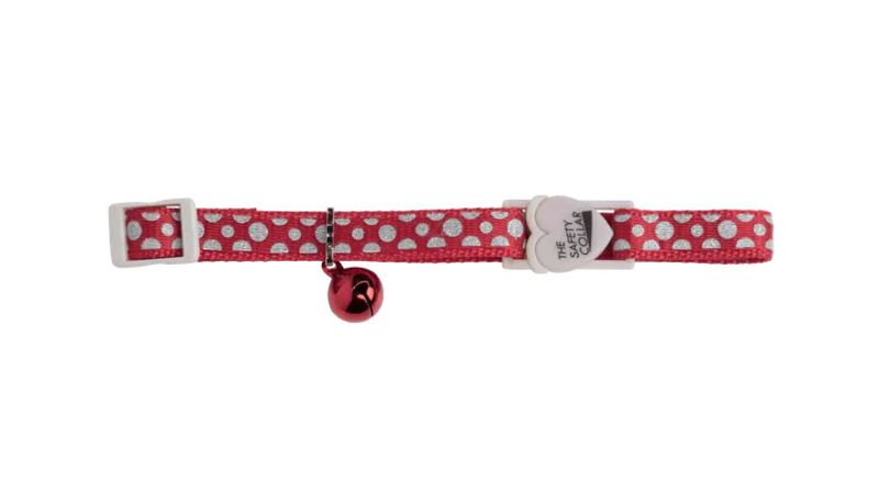 Red cat collar with sparkle dots, adjustable length, break-away clip, and bell for safety during nighttime adventures.