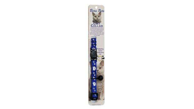 Blue nylon cat safety collar with reflective face, adjustable fit, break-away clip, and protective bell for added safety.