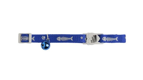 Blue cat safety collar featuring fish bone design, adjustable fit, break-away clip, and reflective pattern for visibility.