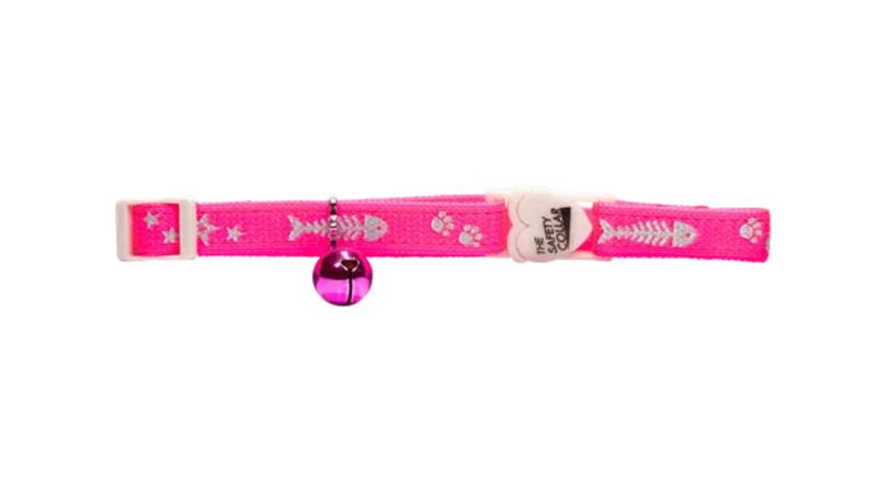 Pink nylon cat safety collar with fish bone design, adjustable fit, break-away clip, and anodised bell for safety.