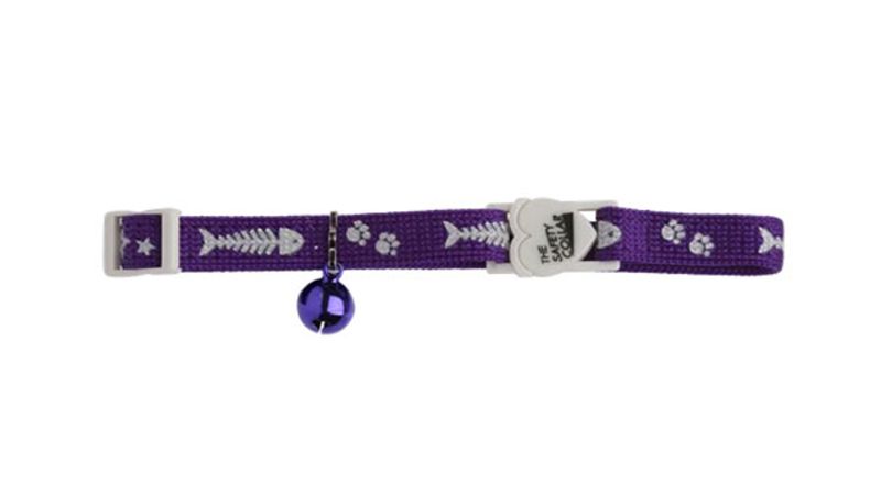 Nylon purple cat safety collar with reflective fish bone pattern, adjustable fit, matching bell, and break-away clip for safety.