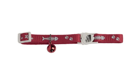 Red cat safety collar with a fish bone pattern, adjustable fit, anodised bell, and break-away clip for secure outdoor adventures.