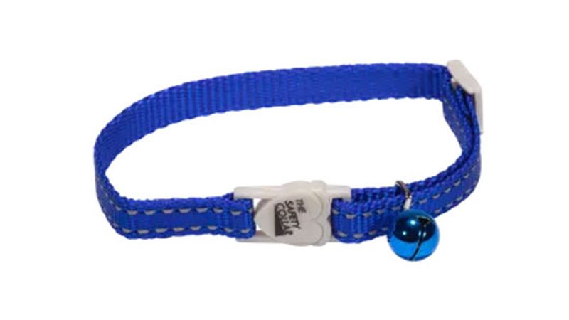 Blue reflective cat safety collar with break-away clip and anodised bell for visibility and protection during outdoor adventures.