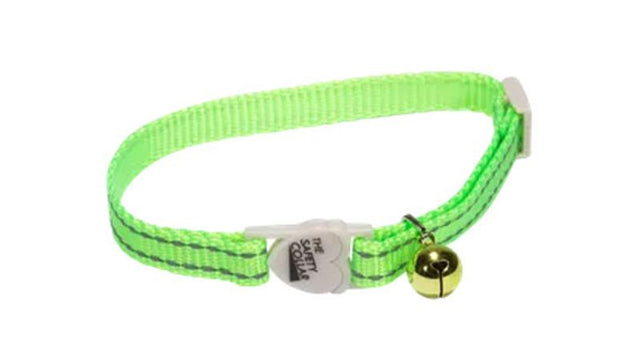 Bright green nylon cat safety collar with reflective thread, adjustable fit, anodised bell, and break-away clip for outdoor safety.