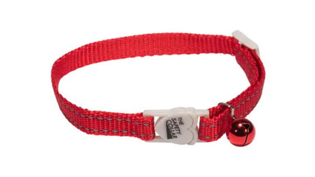 Red cat safety collar with reflective thread, adjustable fit, anodized bell, and break-away clip for safety during outdoor adventures.