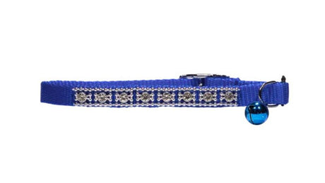 Blue jeweled cat safety collar made from durable nylon with elastic escape feature and anodized bell for added style and safety.