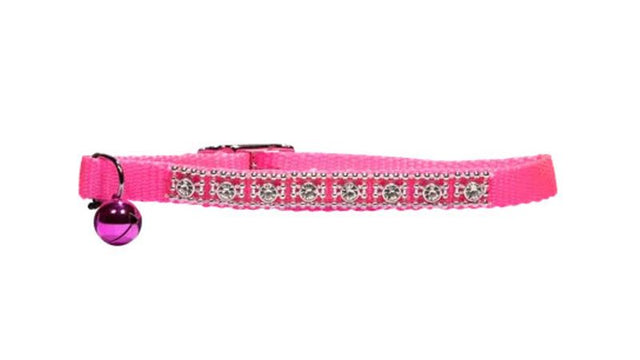 Pink jewelled cat safety collar with elastic insert, anodised bell, and durable chrome plated hardware for pet safety and style.