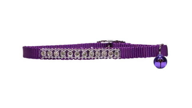 Purple cat safety collar with jewels, elastic insert for escape, and anodised bell for protection and style.