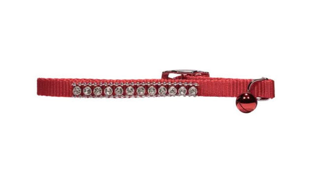 Red jewelled cat safety collar made of durable nylon with elastic insert, matching bell, and chrome-plated hardware for elegance.