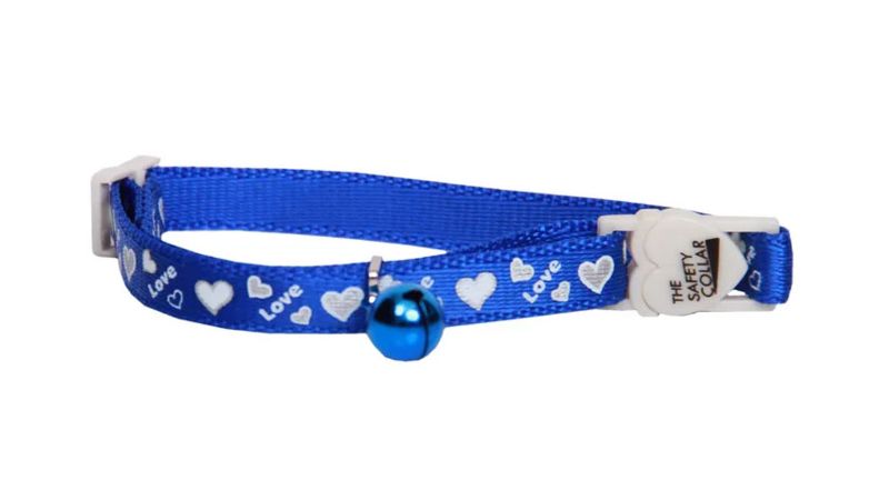 Blue cat collar with reflective love hearts, adjustable fit, safety bell, and break-away clip for comfort and visibility.