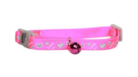 Pink cat collar with reflective love hearts, adjustable fit, safety break-away clip, and matching bell for visibility.