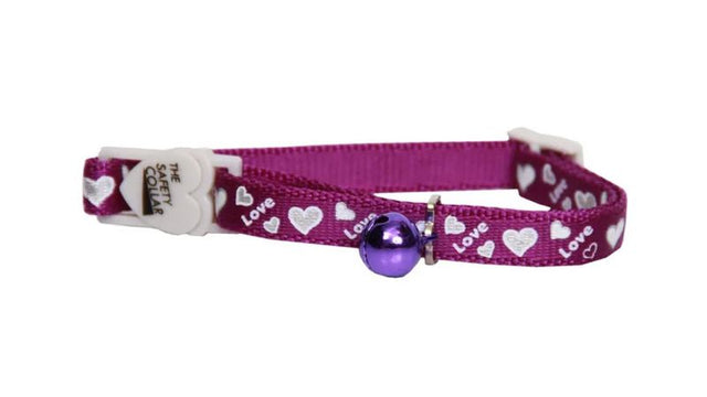 Purple reflective cat collar with love hearts, adjustable fit, break-away clip, and matching bell for safety and style.