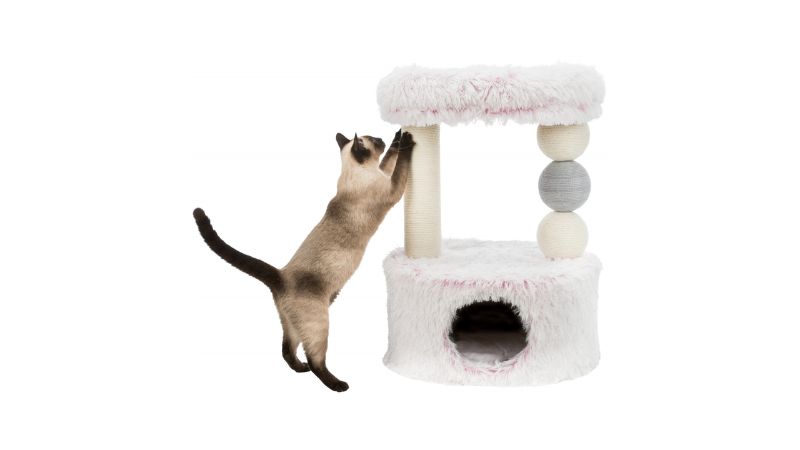 Cat scratcher in pink, 73cm tall with jute and plush materials, offering scratching, climbing space, and cozy bed for cats.