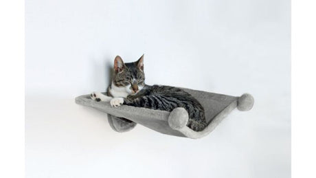 Wall-mounted grey cat hammock (42 x 41cm) with plush polyester for comfort and a stable metal frame for safety.