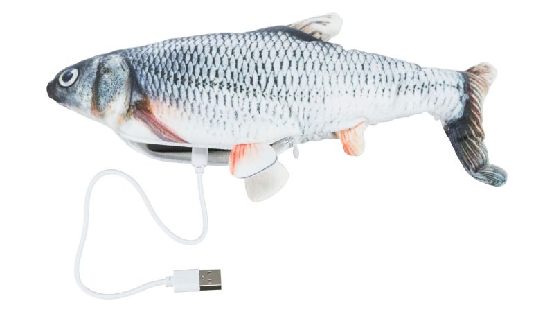 Interactive 30cm Wiggly Fish Cat Toy with catnip, wriggling movement, plush exterior, and USB charging for endless fun.