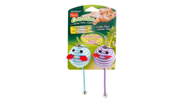 Colorful cat toy set with two mice filled with silver vine and catnip, designed to engage and entertain cats of all ages.