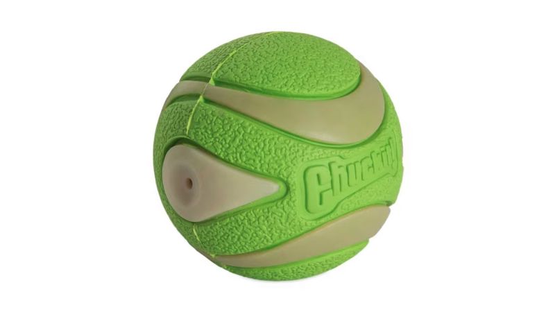 Max Glow Ultra Squeaker Ball: medium 2.5-inch dog toy that glows in the dark, features a squeaker, and is perfect for fetch.