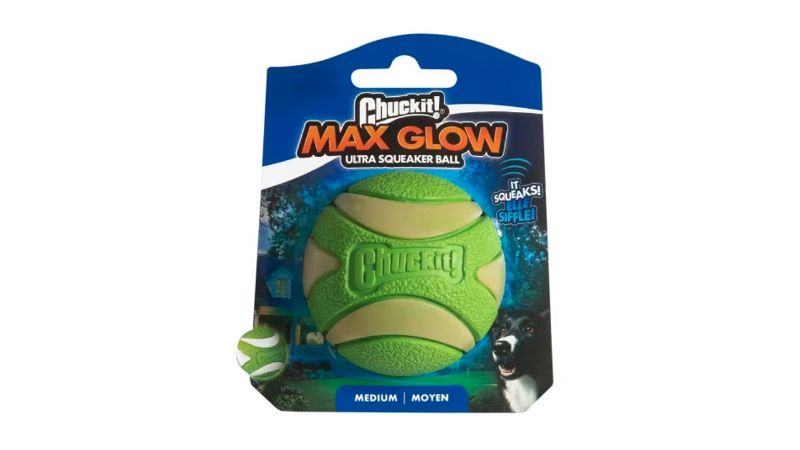 Max Glow Ultra Squeaker Ball: Medium dog toy that glows in the dark, features a squeaker, and is perfect for fetch day or night.