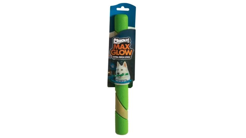 Glow-in-the-dark fetch stick for dogs, made from durable rubber, ideal for day and night playtime adventures.