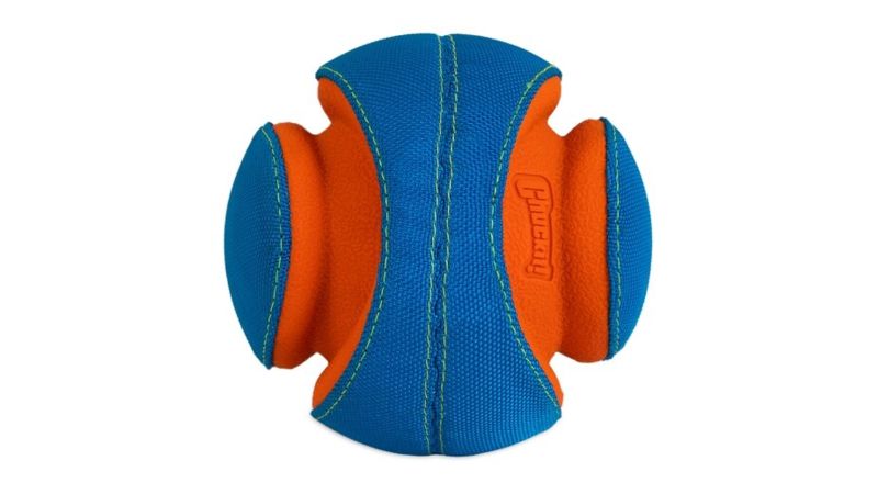 Giggle Kick Fetch Ball for dogs, 14cm, features giggling sound, durable foam core, and easy pick-up design for engaging play.