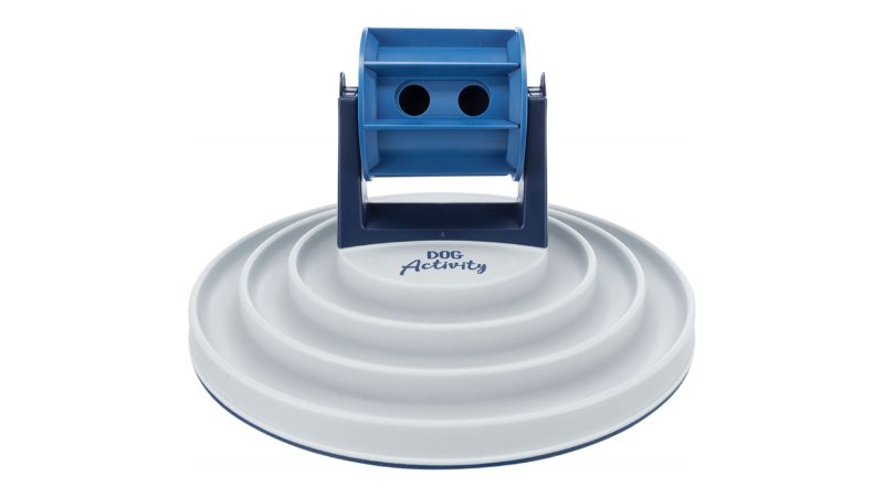 Interactive dog roller bowl with adjustable opening for slow feeding, non-slip base, and durable plastic design.