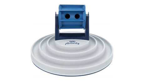 Interactive dog roller bowl with adjustable opening for slow feeding, non-slip base, and durable plastic design.