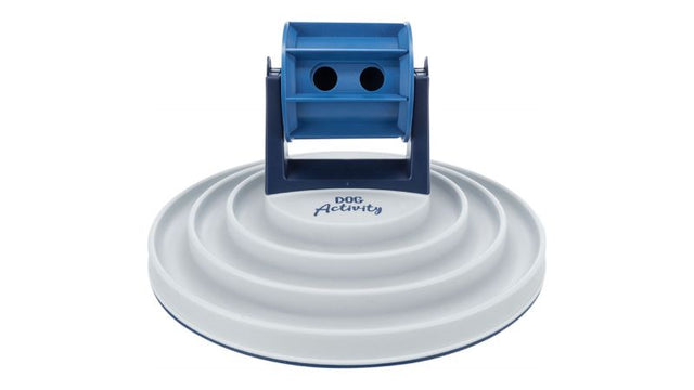 Interactive dog roller bowl with adjustable opening for slow feeding, non-slip base, and durable plastic design.