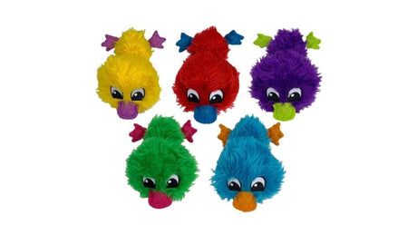 Colorful plush duck dog toy with squeakers, perfect for playing and cuddling, measures 22.9cm.