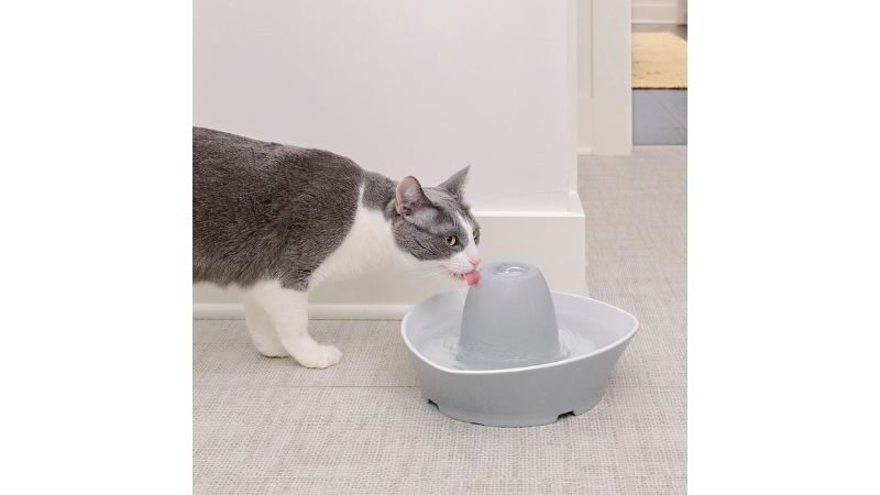 Ceramic pet fountain with 1.8L capacity, 360-degree design, whisper-quiet operation, promotes hydration for cats and small dogs.