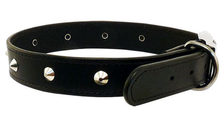 Black stitched studded dog collar, 18mm x 45cm, with 9 studs and chrome hardware for style and durability.