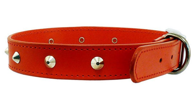 Stitched studded red dog collar, 18mm wide and 45cm long, featuring adjustable fit and durable chrome hardware.