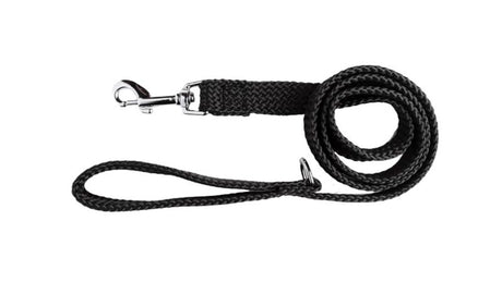 Durable black nylon dog lead, 20mm x 245cm, with chrome-plated snap hook and 'D' ring for accessories.