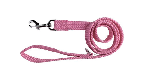 Durable pink dog lead, 20mm x 245cm, with double nylon webbing, chrome snap hook, and 'D' ring for accessories.